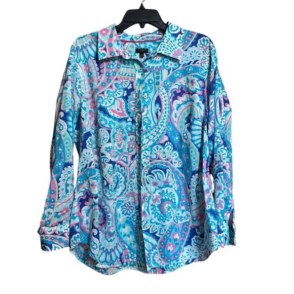 Talbots Top 1X Multicolor Brightly Colored Artsy Button Up Collared Cotton Shirt - Picture 1 of 9
